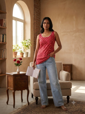 COTTON SLEEVELESS SHORT KURTI RED
