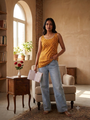 COTTON SLEEVELESS SHORT KURTI YELLOW