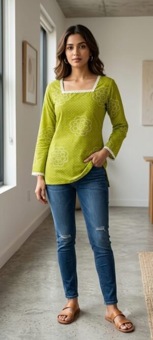 WOMAN'S LACE NECK TOP GREEN