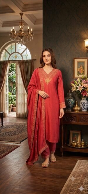 DESIGNER VICHITRA SILK KURTI RUST RED