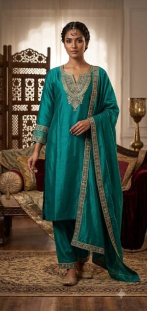 DESIGNER VICHITRA SILK KURTI PEACOCK GREEN